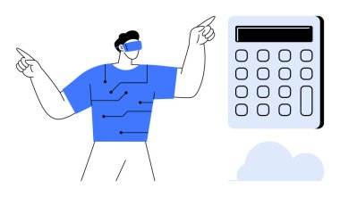 VR kulaklık takan bir adam yüzen bir hesap makinesini işaret ederek teknoloji, finans ve yenilik öneriyor. Teknoloji, finans, sanal gerçeklik, hesaplama, fütürist kavramlar için idealdir.