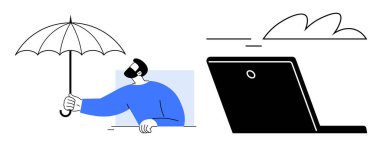 Bir dizüstü bilgisayarın yanındaki bulutun altında korunmak için şemsiye uzatan bir adam. Güvenlik, teknoloji, risk yönetimi, koruma, sigorta, bağlantı için ideal. Basit düz metafor