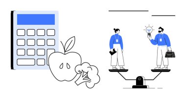 Tahterevallide fikir ve kariyer dengeleyen işçilerin yanında hesap makinesi, elma ve brokoli. Sağlık, denge, takım çalışması, verimlilik, karar-veren iş hayatı uyum ve sağlıklı alışkanlıklar için idealdir. Basit.