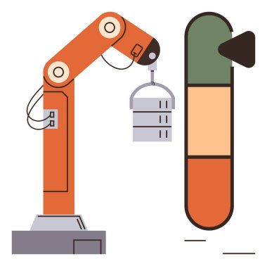 Dikey ilerleme çubuğu operasyonel durum ya da tamamlanma sinyali verirken robotik kol kutuyu kaldırıyor. Otomasyon, robot bilimi, imalat, verimlilik, üretim, ilerleme ve teknoloji için ideal. Basit.