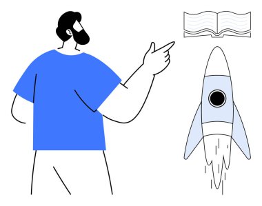 Yüzen bir kitaba el kol sallayan bir adam ve yukarı doğru fırlatılan bir roket. Eğitim, yenilik, yaratıcılık, büyüme, girişimcilik, motivasyon, öğrenme için idealdir. Basit düz metafor