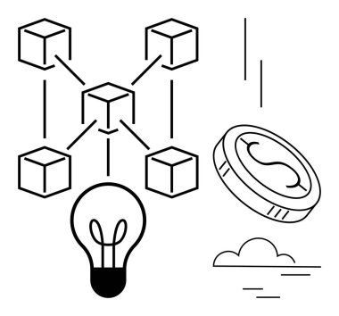 Birbirine bağlı bloklar blok zincirini simgeler, para kriptoyu simgeler, ampul yeniliği simgeler. Teknoloji, finans, ademi merkeziyet, kripto para birimi, yenilik, dijital