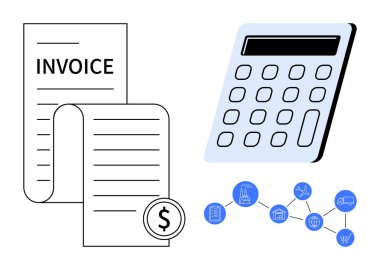 Dolar işareti, hesap makinesi ve tedarik zinciri ikonları içeren fatura. Muhasebe, finans, fatura, bütçe, iş akışı ve analizler için ideal. Basit düz metafor