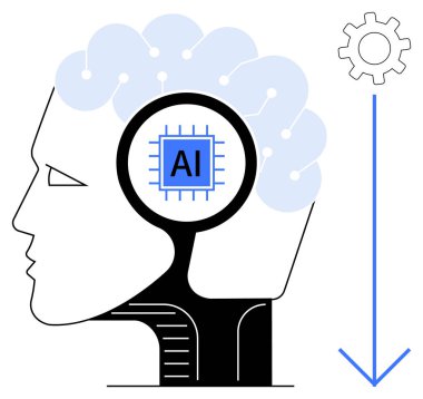Beyninde yapay zeka mikroçipi olan bir insan kafası profili, sinirsel ağ bağlantıları, çark ve aşağı doğru ok. Yapay zeka, teknoloji, makine öğrenimi, yenilik, veri işleme, otomasyon için ideal