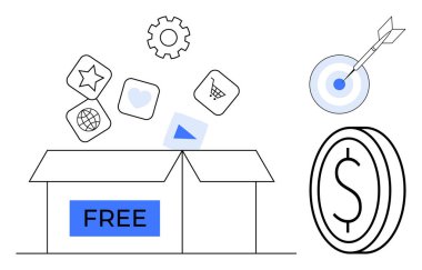 FREE etiketli açık kutu uygulamaları, vitesi ve simgeleri salıyor. Para ve hedefe yakın para değerleri ve hedefleri vurguluyor. Teknoloji, hedefler, ekonomi sektörü finans stratejisi önerisi için ideal. Basit bir daire.