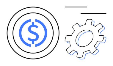 Para sistemi, otomasyon ve verimli iş akışlarını sembolize eden ana teçhizatın yanında dolar işareti de var. Finans, teknoloji, ekonomi, iş, yenilik, yönetim gelir fikirleri için ideal