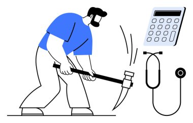 Hesap makinesi ve steteskop ile birlikte balyozla saldıran kişi problem çözmeyi, karar vermeyi, finansal, sağlık hizmetlerini ve iş gücünü sembolize ediyor. Üretkenlik ve çatışma için ideal