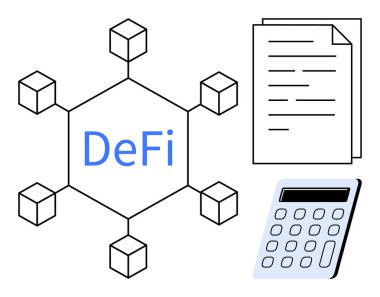 DeFi etiketi, doküman yığını ve hesap makinesi ile çevrili engelleme zinciri ağı. Engelleme zinciri, finans, teknoloji, veri, kripto para yeniliği ve analitik için ideal. Basit düz