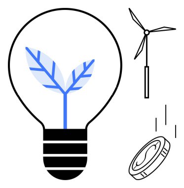 Bitki ikonuna, rüzgar türbinine ve yenilenebilir enerji, yenilik, eko-dostluk, büyüme, yeşil ekonomi, sürdürülebilirlik ve çevre bilincini basitçe vurgulayan madeni para elementlerine sahip ampul