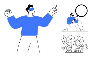 İleriyi gösteren VR kulaklık kullanan bir adam, büyüteçle diz çöken başka bir adam, aşağıdaki çiçekler. Teknoloji, keşif, çalışma, doğa, merak yenilikleri için ideal sanal deneyim. Basit düz