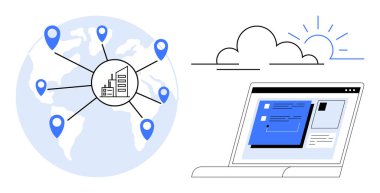 Şirket merkezine bağlı konum işaretleyicileri haritası, dijital arayüzü gösteren dizüstü bilgisayar ekranı. Teknoloji, iletişim, küresel ağ, iş, lojistik, bulut servisi, çevrimiçi için ideal