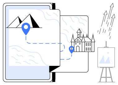 Tablet ekran görüntüleme haritası, dağları bir kaleye bağlayan mavi lobut ve resim tuvalini gösteren oklar. Seyahat, keşif, yaratıcılık, teknoloji, navigasyon, sanat için ideal