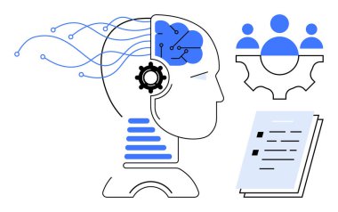 Çarkları ve sinirsel bağlantıları olan insan kafası, takım işbirliği dişli ikonu ve belge. Yapay zeka, takım çalışması, yenilik, teknoloji, makine öğrenme veri analizi hesaplama düşüncesi için idealdir. A