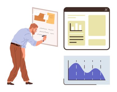 Analitik çizelgeler, grafikler ve veri panelinin yanına notlar yazan adam. Analiz, beyin fırtınası, strateji, iş planlaması, eğitim, yenilik takım çalışması için ideal