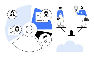 Takım yapısı pasta grafiği, dişli ve iki profesyonel ve ampulle dengeli ölçekte. Takım çalışması, yenilik, yönetim, denge, karar verme, strateji liderliği için ideal