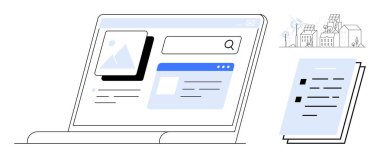 Arama çubuklu dizüstü bilgisayar, dijital içerik kartları, yakınlardaki belge yığını. Temiz enerji için şehir ve rüzgar türbini çizimi. Teknoloji, araştırma, sürdürülebilirlik, iş, analiz için ideal