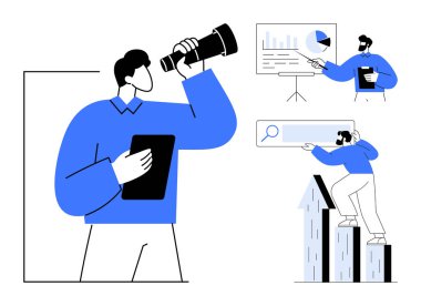 Teleskopu ve tableti olan kişi stratejiyi simgeler. İç görüler çizelgeler ve arama çubuğuyla iletildi. Tırmanan oklar büyümeyi görselleştirir. Liderlik, analitik, yönetim, planlama için ideal