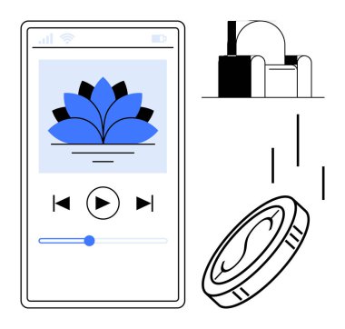 Meditasyon ses uygulamalı akıllı telefon, soyut bina, dökülen hatlar ve bozuk para. Farkındalık, teknoloji, finans, kişisel bakım uygulaması tasarımı minimalizm modern hayat için idealdir. Basit düz metafor