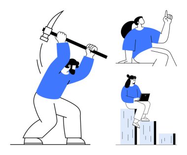 İşçi kazması, figürlü jest fikri, dizüstü bilgisayarlı kadın. Takım çalışması, yenilik, büyüme, üretkenlik, iş geliştirme işbirliği için idealdir. Basit düz metafor