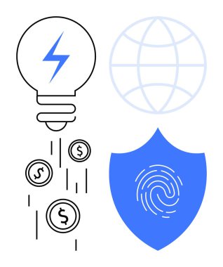 Yıldırımlı ampul yeniliği simgeler, madeni paralar finansal büyümeyi simgeler, güvenlik için parmak izi olan kalkan ve küresel bağlantı için küreyi simgeler. Teknoloji, finans ve güvenlik için ideal