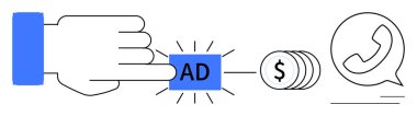 Dolar simgeleriyle el ile reklam düğmesine basmak ve gelir üretimini ve iletişimi sembolize eden uygulama simgesini sohbet etmek. Reklam, pazarlama, gelir, çevrimiçi işletmeler için ideal