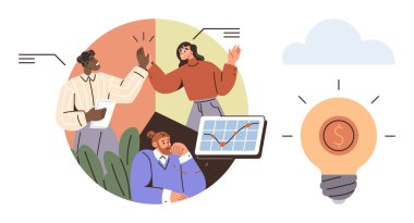 Çeşitli ekip üretkenlik çözümleri üzerinde beyin fırtınası yapıyor, finansal büyüme grafiğini analiz ediyor, başarıyı kutluyor. Ampul yenilik ve kâr anlamına gelir. Takım çalışması, liderlik ve yenilik için ideal.