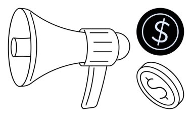 Megafonla dolar sembolleri eşleştirilmiş, reklam ve kâr arasındaki bağlantıyı gösteriyor. Pazarlama, reklam, iş tanıtımı, finans, kampanyalar, gelir iletişimi için ideal. Basit.