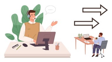 Ayrı çalışma alanlarında çalışan iki profesyonel, biri teknoloji ile etkileşen bir kulaklık kullanıyor, yön okları veriyi veya iletişim transferini simgeliyor. İşbirliği ve takım çalışması için ideal