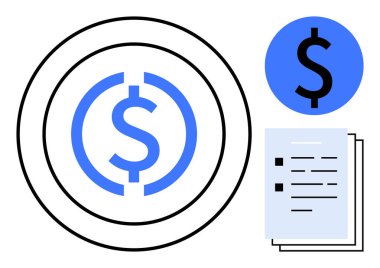 Yüzüklerle çevrili mavi dolar işareti, yazılı dosya, sergilenen finansal kavramlar. Bütçe, tasarruf, finans uygulamaları, yatırım, para yönetimi, ekonomik planlama için ideal basit düz metafor