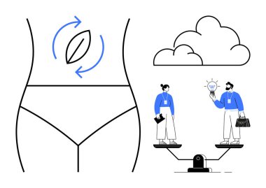 Yuvarlak okları olan insan gövdesi refahı simgeliyor, denge ölçeğinde işbirliği yapan iki insan, yukarıda bulut. Sağlık, eşitlik, takım çalışması, sürdürülebilirlik, yenilik, yaratıcılık fuarı için ideal