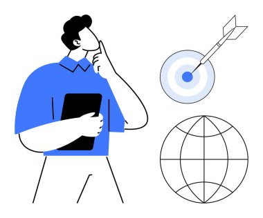 Derin düşüncelere sahip bireysel bir tablet, küresel perspektifi temsil eden bir küre, odaklanmayı ve hedeflere ulaşmayı sembolize eden bir ok. Strateji, planlama, küresel sosyal yardım ve odaklanma için ideal