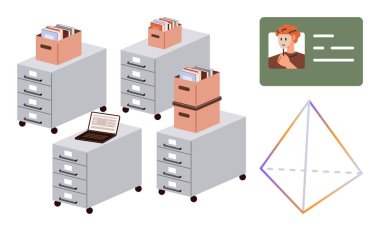 Evraklarla dolu dosya dolapları, açık dizüstü bilgisayar, kimlik kartı grafiği, geometrik piramit şekli. Organizasyon, ofis yönetimi, veri depolama, dijital çalışma alanı, idari görevler görsel öğrenme için ideal