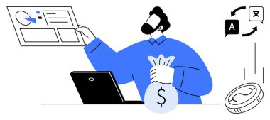 Dosyaları, para çantası ve çok dilli çeviri akışı olan dizüstü bilgisayardaki profesyonel yönetim verileri. Finans, iş, teknoloji, iletişim, çeviri, analitik küreselleşme için ideal