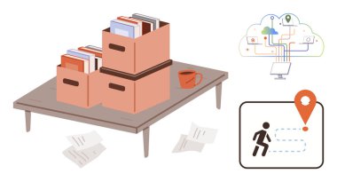 Kutular dolusu dosya, kahve fincanı, dağınık kağıtlar, bulut depolama sistemi illüstrasyonu ve yön bulma ikonu. Üretkenlik, organizasyon, dijital dönüşüm, iş akışı lojistiği için ideal