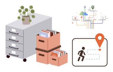 Saksı bitkisi dolu dosya dolabı, paketlenmiş kitap kutuları, dijital ağ düğümleri ve konum izleme grafiği. İş akışı, lojistik, veri yönetimi, planlama, organizasyon hareketliliği için ideal