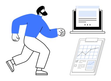 Dizüstü bilgisayarın yanında yürüyen ve grafiklerle dolu bir pano, ilerlemeyi, verimliliği, yeniliği, veri analizini, iş büyümesini, hedef başarısını ve profesyonel başarıyı sembolize ediyor. Basit.