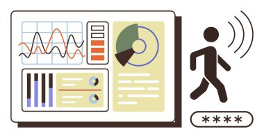 Biyometrik giriş yastığı ve hareket algılayıcı ikonun yanında çizelgeler, grafikler ve analizlerle etkileşimli bir panel. Teknoloji, güvenlik, biyometri, analitik, IoT, veri görselleştirme için ideal basit