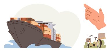 Kargo gemisi içinde su dolu konteynırlar, teslimat için üç tekerlekli bisiklet kutusu ve nakliye güzergahlarını gösteren el işaretleri. Ticaret, ulaşım, ticaret, tedarik zinciri, teslimat için ideal
