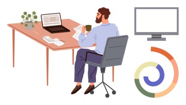 Masada oturan kişi, dizüstü bilgisayar, belgeler, çizelge ve veri analizi, iş akışı yönetimi ve verimliliği yansıtan monitör. İş için ideal, veri gözden geçirme ofis çalışma organizasyonu