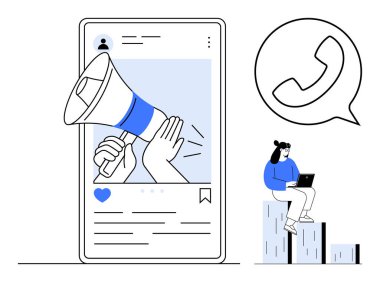 Megafonlu mobil posta, bloklarda dizüstü bilgisayar kullanan bir kadın ve telefon sembolü. Pazarlama, dijital iletişim, reklamcılık, sosyal ağ, halkla ilişkiler, medya sosyal yardım ve takım çalışması için ideal