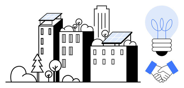 Городские здания с солнечными панелями, деревьями, лампочками, символизирующими инновации, рукопожатие, означающее сотрудничество. Идеально подходит для возобновляемых источников энергии, технологий, инноваций и кораблей.