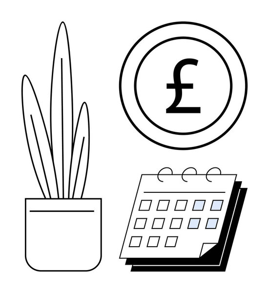 Plant in a pot, calendar with marked days, and pound coin symbolizing balance between financial growth, sustainability, and time planning. Ideal for budgeting, saving, finance, investment schedule