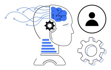 Yapay zekayı temsil eden beyin, dişli ve ağ bağlantıları olan insan kafası. İşlem ve yönetim için profil simgesi ve teçhizat. Teknoloji, yapay zeka, yenilik, strateji, otomasyon problemi çözmek için ideal