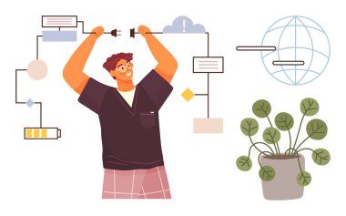 Çevre elementleri, bulut ve dünya ana hatlarını yakınlardaki bitki örtüsüyle birleştiren kişi. Yenilik için ideal, sürdürülebilirlik, ağ oluşturma, teknoloji, enerji ekip çalışması büyümesi. Canlı düz metafor