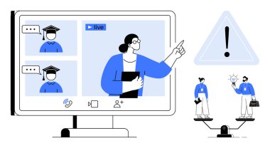 Sanal sınıfa ev sahipliği yapan öğretmen, fikirleri kaynaklarla dengeleyen iki figür, dikkat ve odaklanmayı vurgulayan ünlem işareti. Eğitim, uzaktan çalışma ve karar verme için ideal