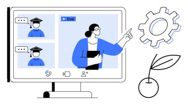 Öğretmen ekranda öğrenci simgeleriyle, sohbet istekleriyle ve öğrenme sembolleriyle canlı sanal sınıf yönetiyor. Çevrimiçi öğrenme, çalışma, eğitim, işbirliği, yenilik, teknoloji için ideal düz