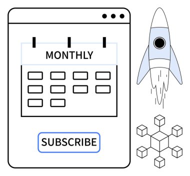 Aylık başlığı ve abonelik düğmesi olan bir takvim, ilerlemeyi temsil eden bir roket ve bir engelleme zinciri ızgarası. Teknoloji, yenilik, iş büyümesi, abonelik hizmetleri, girişimler, fütüristik