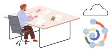 İş adamı, bulut grafikleri ve renkli veri tablosuyla birlikte masadaki belgeleri inceliyor. Takım çalışması, strateji, veri analizi, üretkenlik, bulut hesaplama, karar verme, basit düz