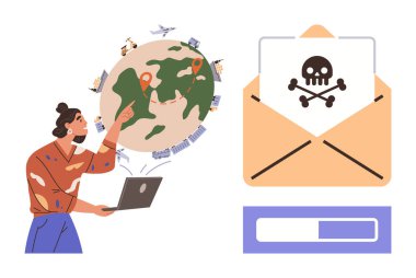 Küresel haritayı gösteren dizüstü bilgisayar kullanan bir kadın konum işaretleyicileri, uçaklar ve gemiler kullanıyor. Kötü amaçlı yazılım uyarısı içeren bir e-postanın yanında siber güvenlik riskleri vurgulanıyor. Çevrimiçi güvenlik ve dijital için ideal