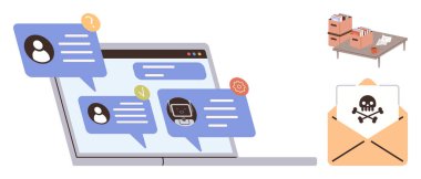 Sohbet baloncukları içeren dizüstü bilgisayarlar potansiyel tehditler, klasörler ve zararlı yazılım uyarısı e-postaları. Teknoloji, siber güvenlik, iletişim, iş dünyası, phishing, veri koruması ve işyeri için ideal